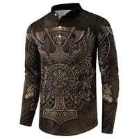 Viking Raven Wolf Vegvisir Button Sweatshirt Nordic Runic Engraving Style