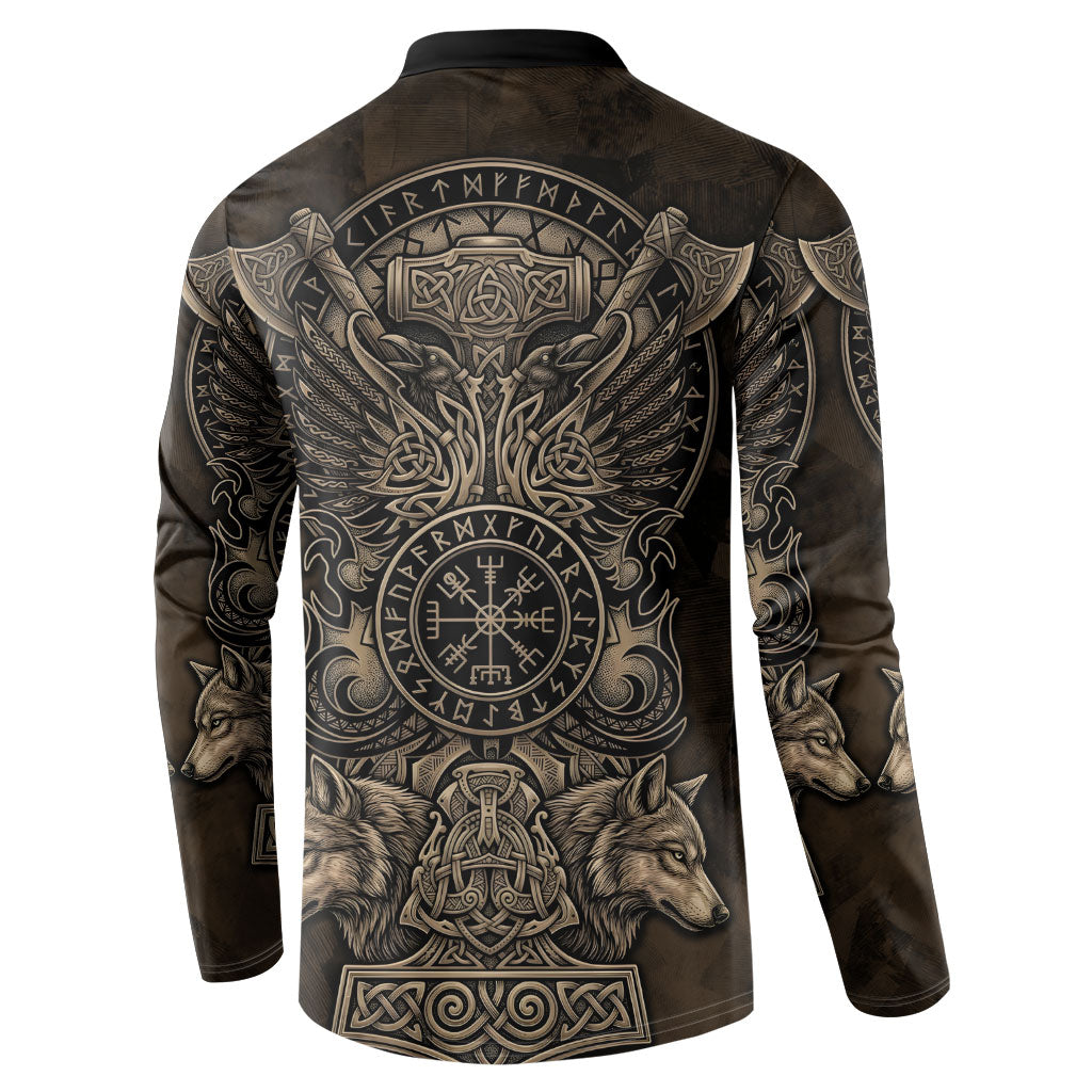Viking Raven Wolf Vegvisir Button Sweatshirt Nordic Runic Engraving Style