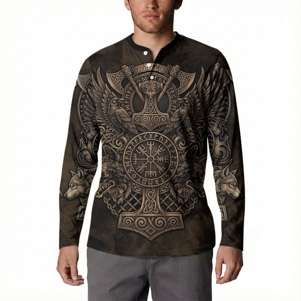 Viking Raven Wolf Vegvisir Button Sweatshirt Nordic Runic Engraving Style