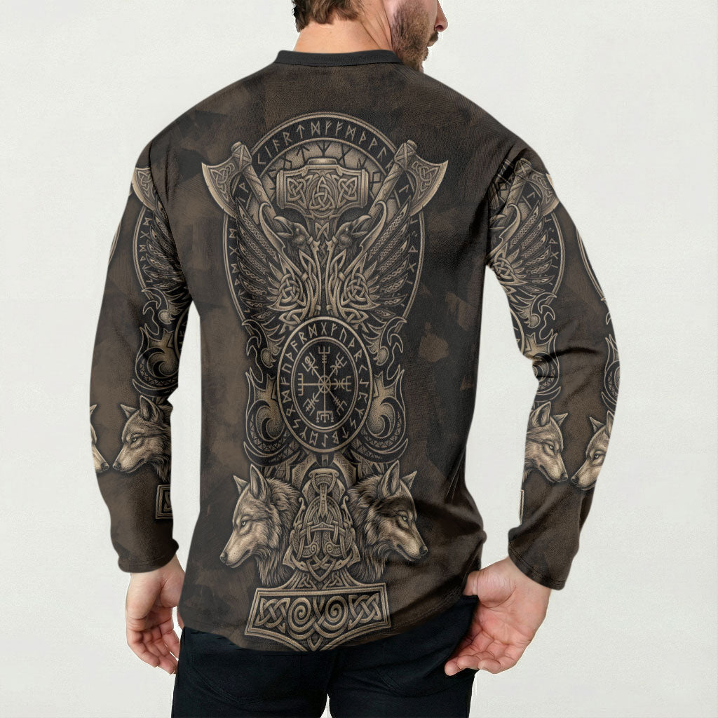 Viking Raven Wolf Vegvisir Button Sweatshirt Nordic Runic Engraving Style