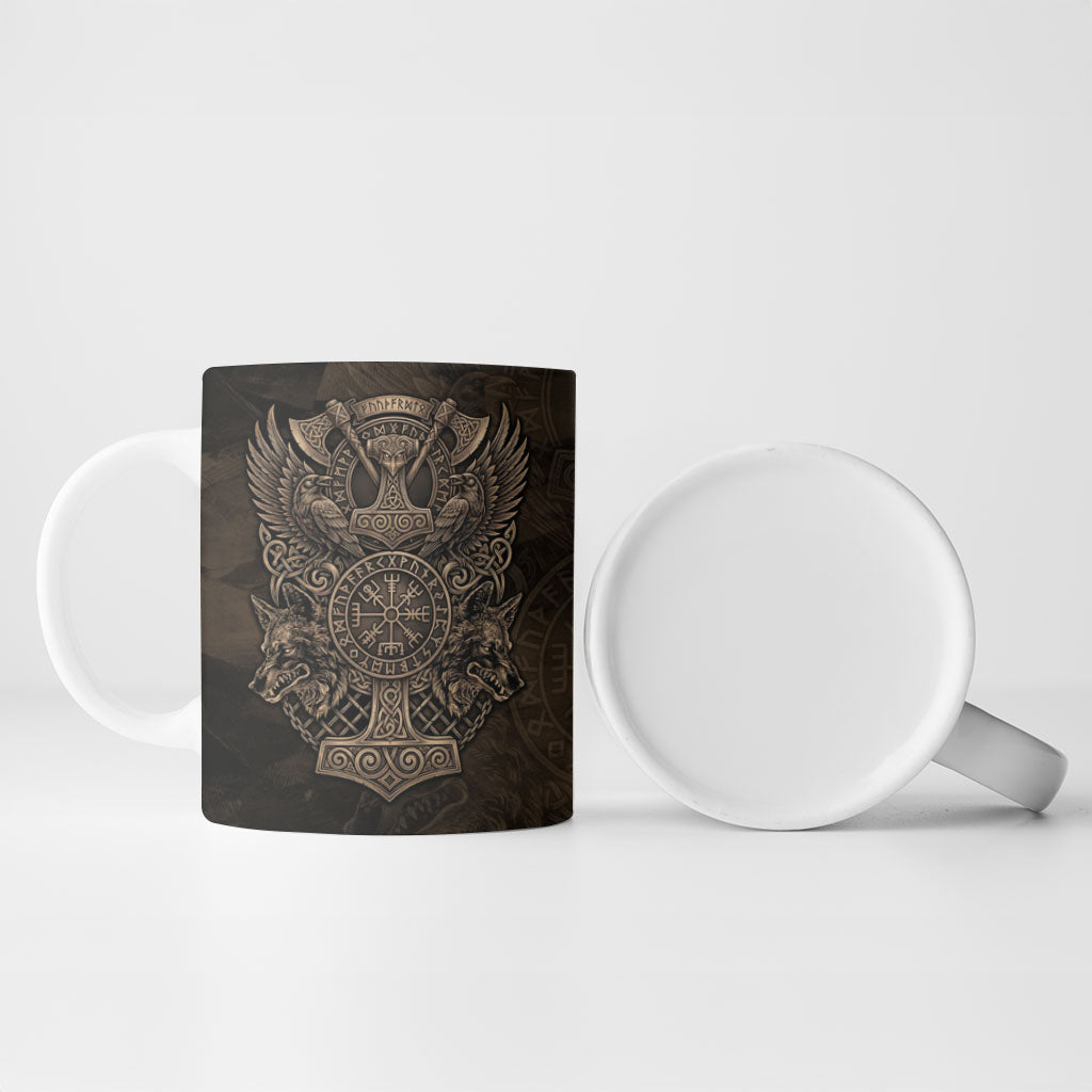 Viking Raven Wolf Vegvisir Ceramic Mug Nordic Runic Engraving Style