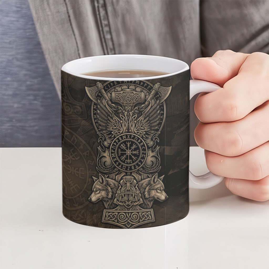 Viking Raven Wolf Vegvisir Ceramic Mug Nordic Runic Engraving Style