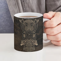 Viking Raven Wolf Vegvisir Ceramic Mug Nordic Runic Engraving Style