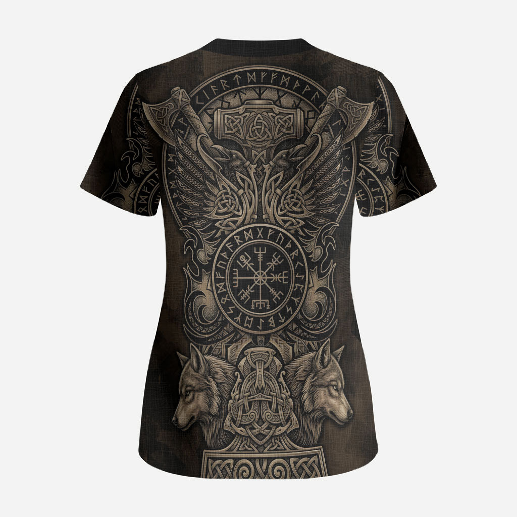 Viking Raven Wolf Vegvisir Scrub Top Nordic Runic Engraving Style