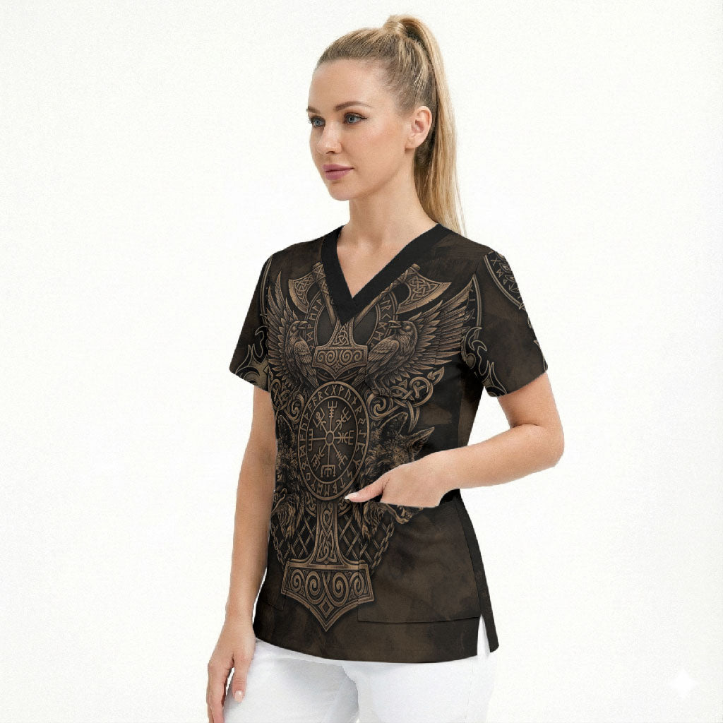 Viking Raven Wolf Vegvisir Scrub Top Nordic Runic Engraving Style