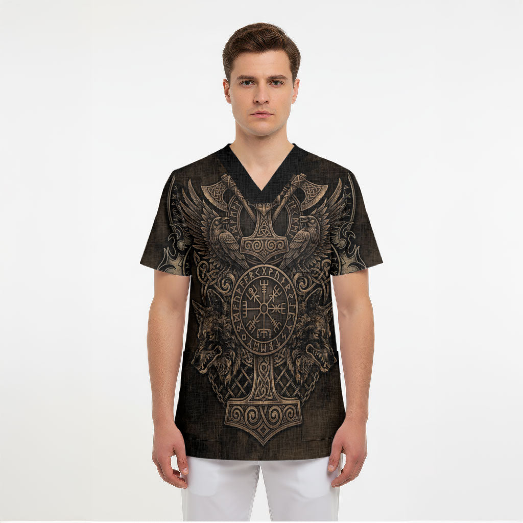 Viking Raven Wolf Vegvisir Scrub Top Nordic Runic Engraving Style