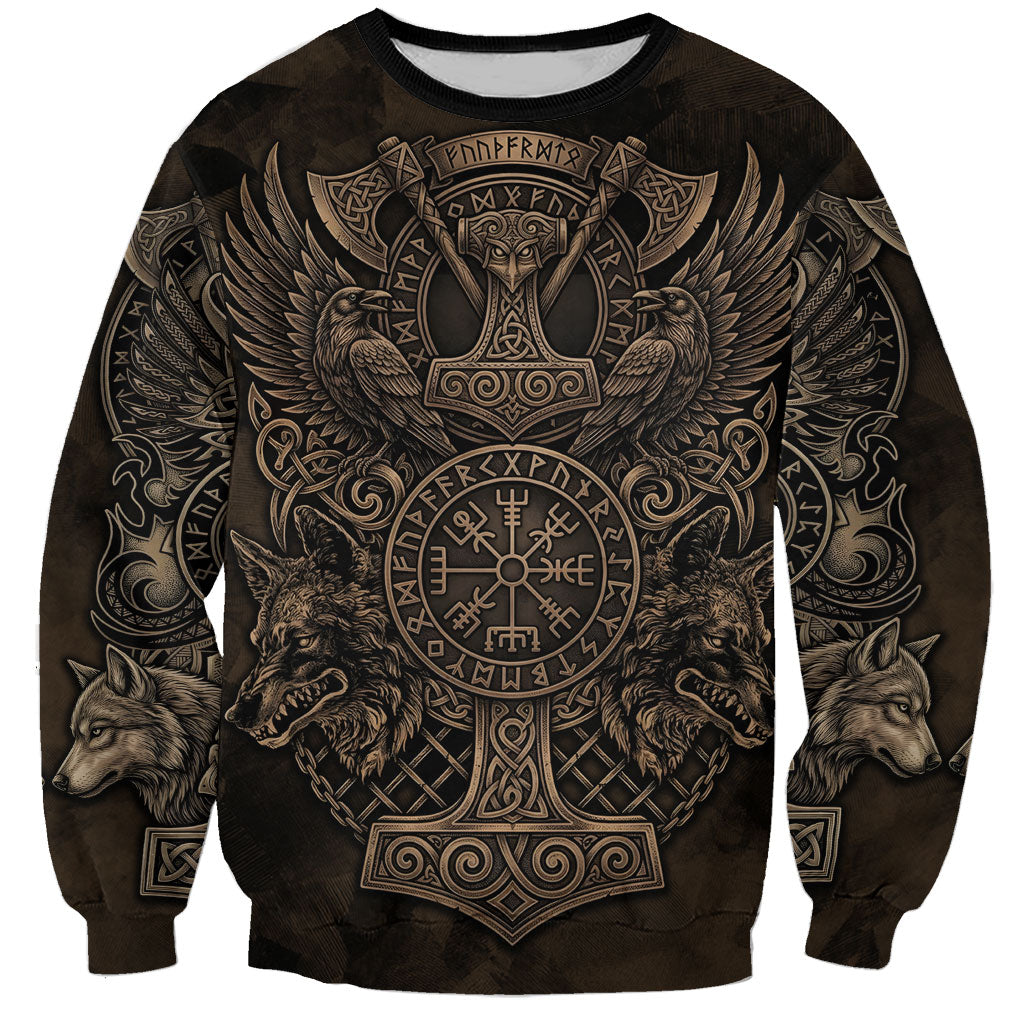 Viking Raven Wolf Vegvisir Sweatshirt Nordic Runic Engraving Style