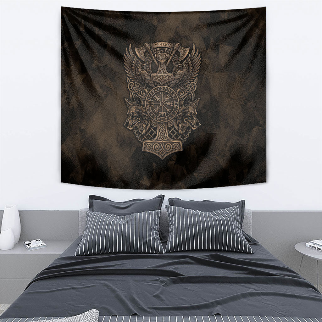 Viking Raven Wolf Vegvisir Tapestry Nordic Runic Engraving Style
