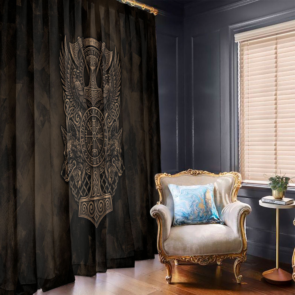 Viking Raven Wolf Vegvisir Window Curtain Nordic Runic Engraving Style
