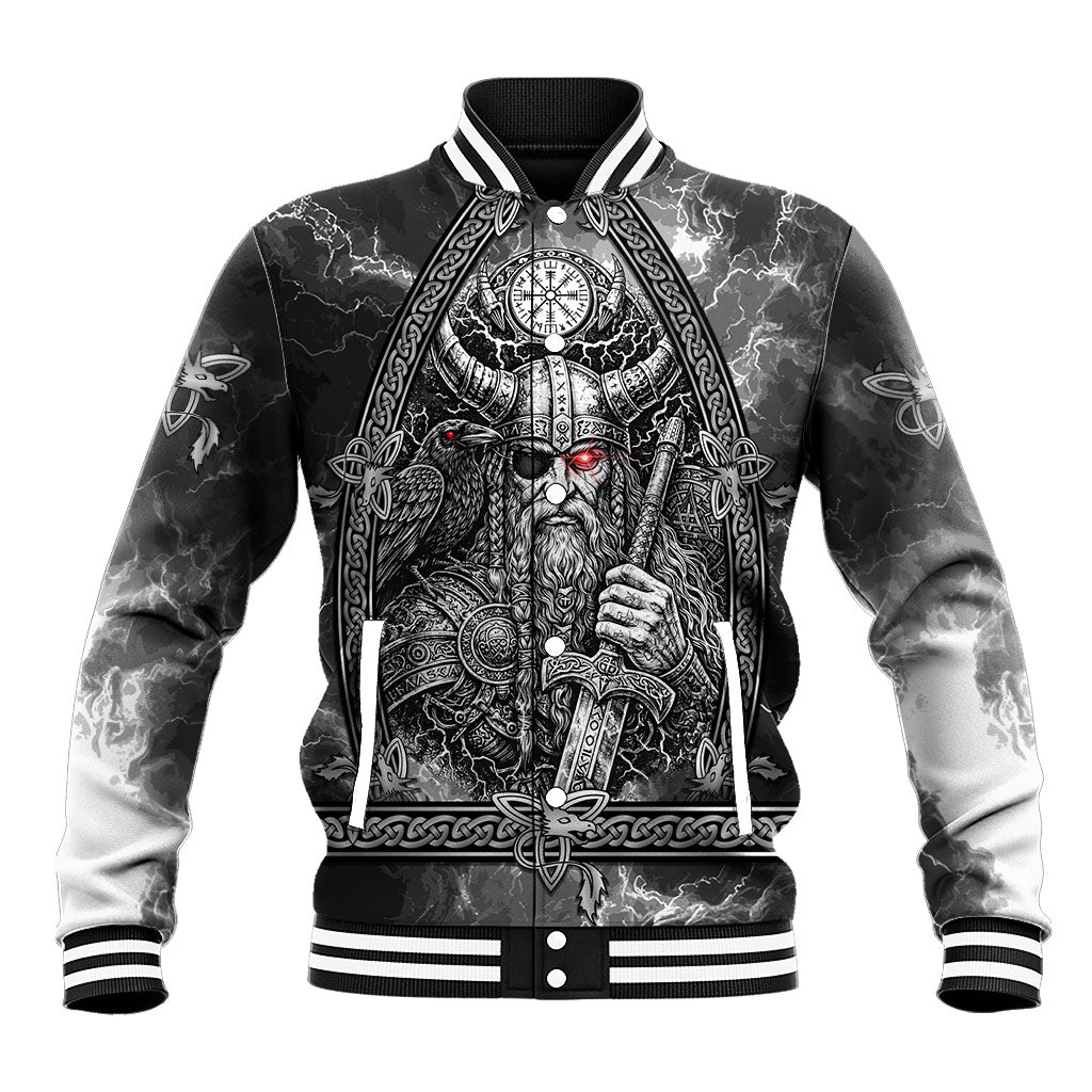 Viking Warrior Raven Axe Vegvisir Baseball Jacket Odin Warrior Nordic Runic Engraved Illustration Style