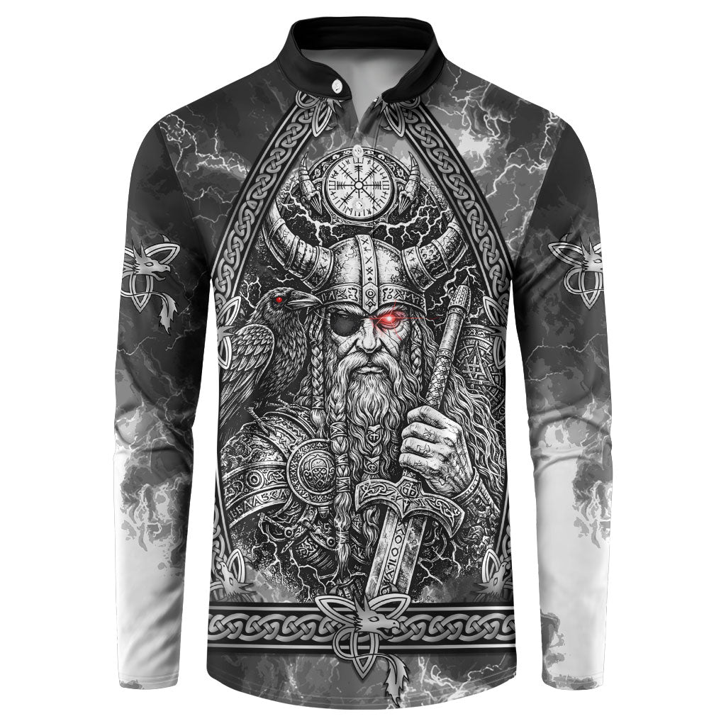 Viking Warrior Raven Axe Vegvisir Button Sweatshirt Odin Warrior Nordic Runic Engraved Illustration Style