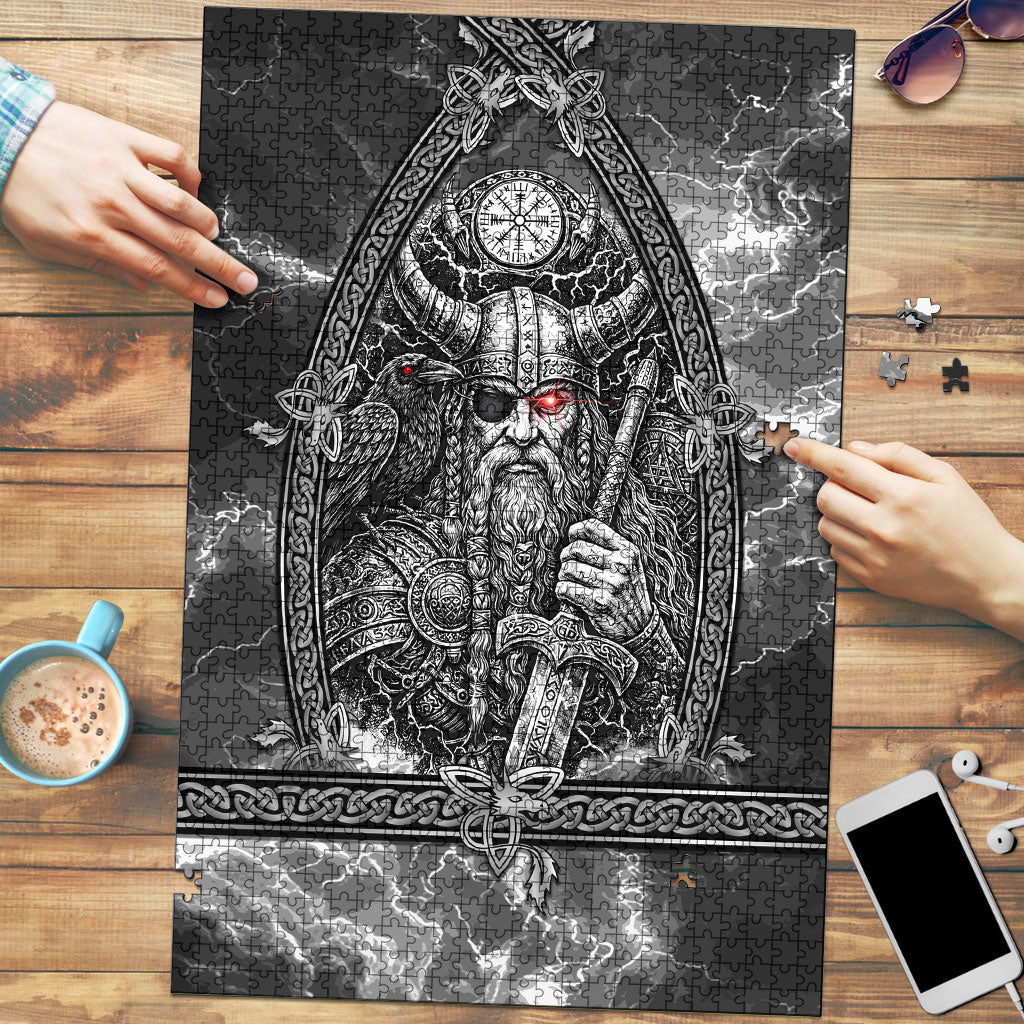 Viking Warrior Raven Axe Vegvisir Puzzle Odin Warrior Nordic Runic Engraved Illustration Style