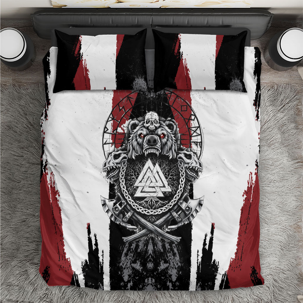 Viking Berserker Bear Valknut Vegvisir Bedding Set Nordic Runic Warrior Engraving Style