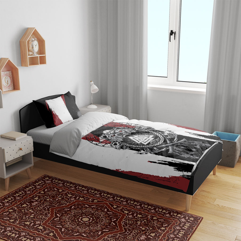 Viking Berserker Bear Valknut Vegvisir Bedding Set Nordic Runic Warrior Engraving Style