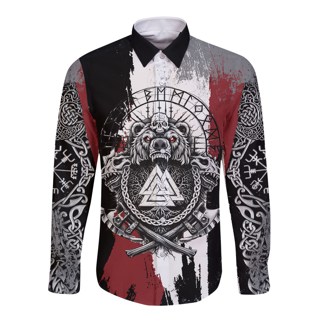 Viking Berserker Bear Valknut Vegvisir Long Sleeve Button Shirt Nordic Runic Warrior Engraving Style