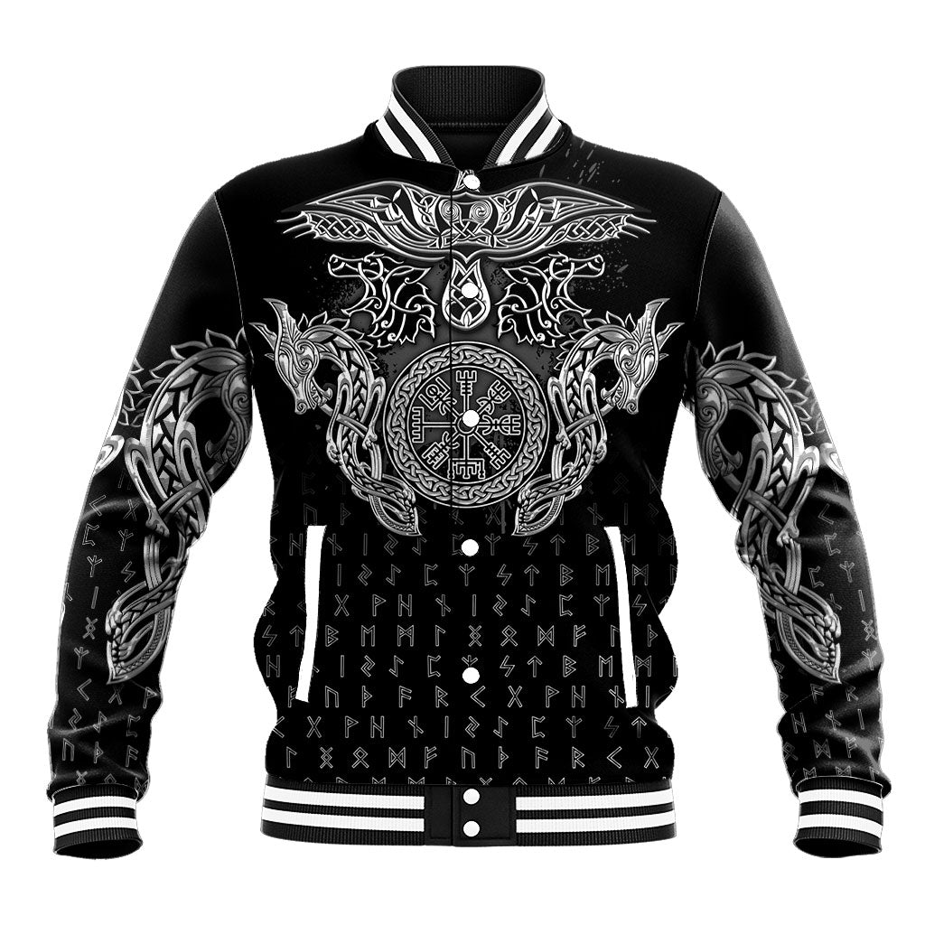Viking Vegvisir Serpent Rune Cross Baseball Jacket Nordic Knotwork Runic Engraving Style