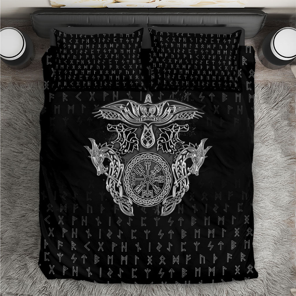 Viking Vegvisir Serpent Rune Cross Bedding Set Nordic Knotwork Runic Engraving Style
