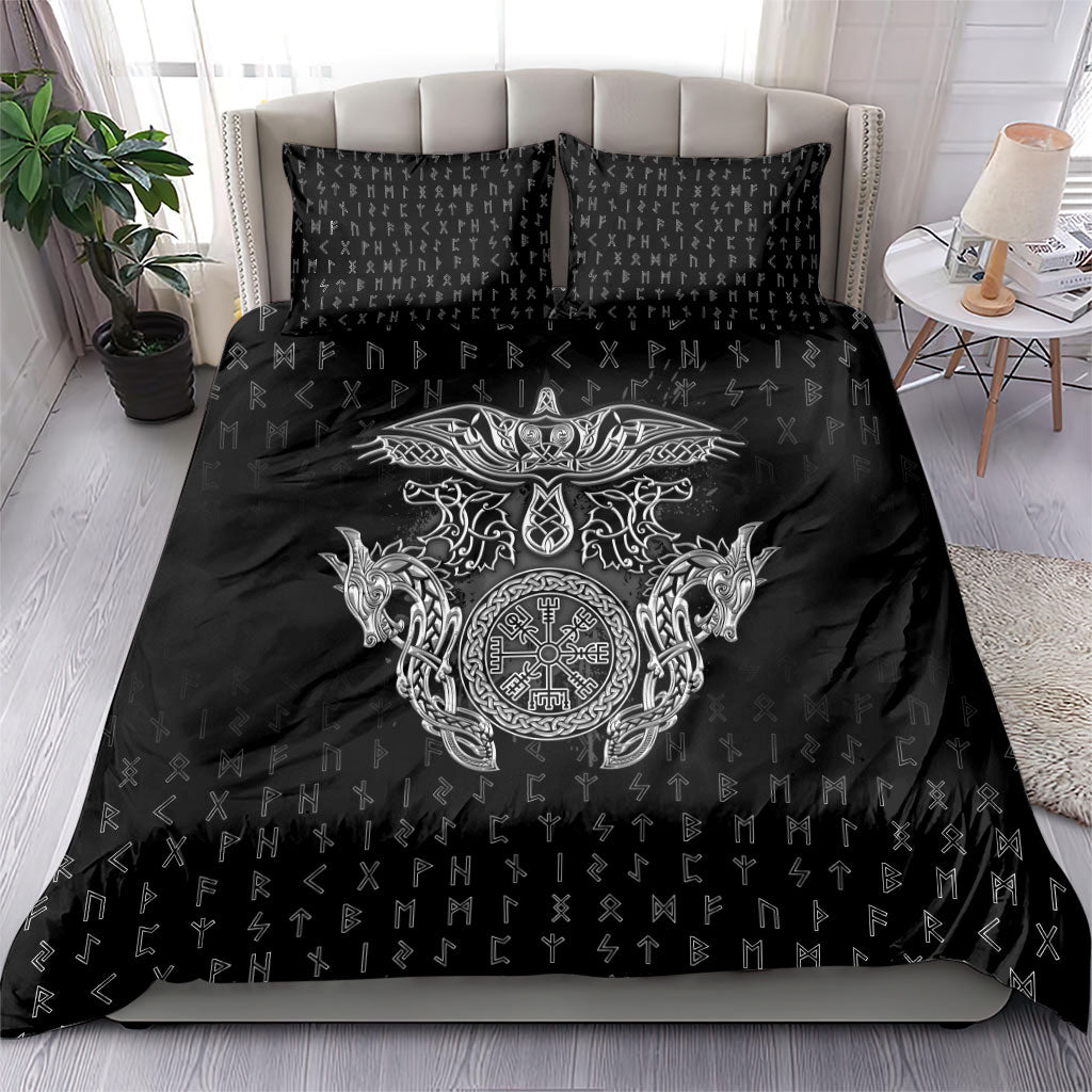Viking Vegvisir Serpent Rune Cross Bedding Set Nordic Knotwork Runic Engraving Style