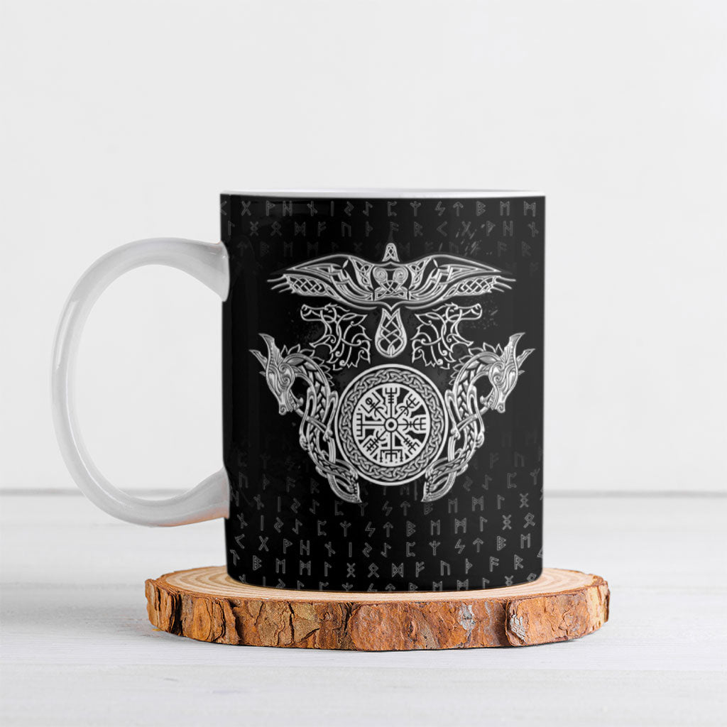 Viking Vegvisir Serpent Rune Cross Ceramic Mug Nordic Knotwork Runic Engraving Style