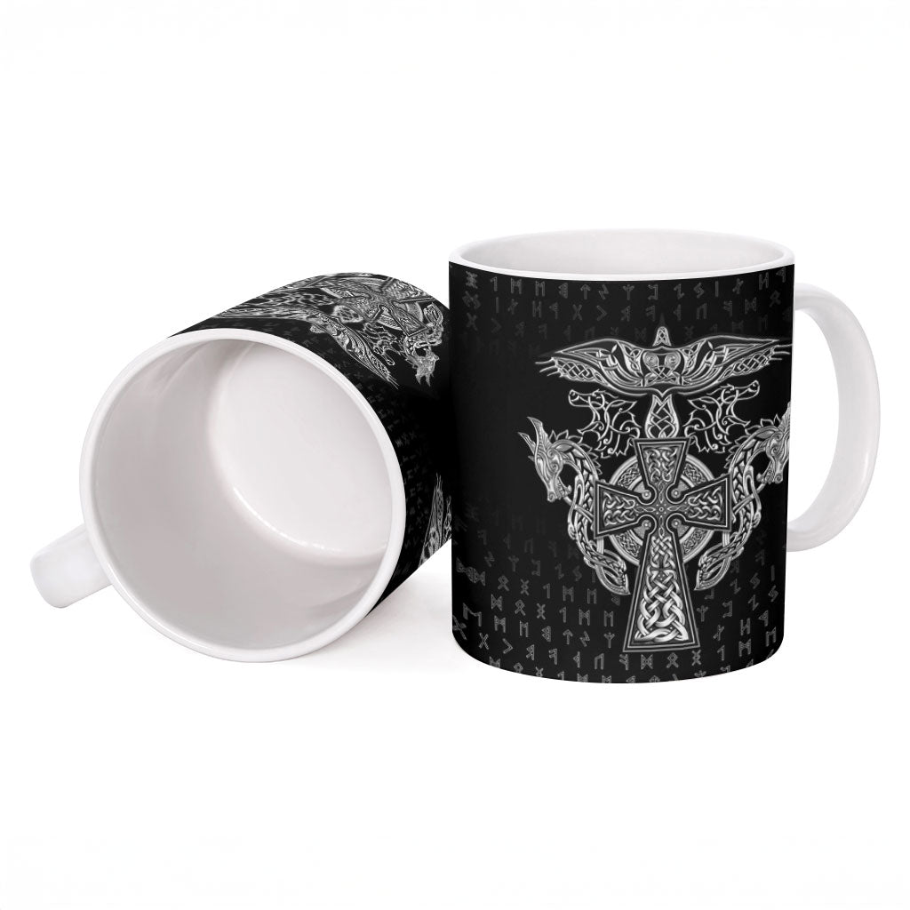 Viking Vegvisir Serpent Rune Cross Ceramic Mug Nordic Knotwork Runic Engraving Style