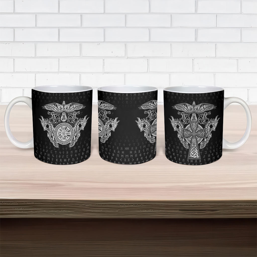 Viking Vegvisir Serpent Rune Cross Ceramic Mug Nordic Knotwork Runic Engraving Style