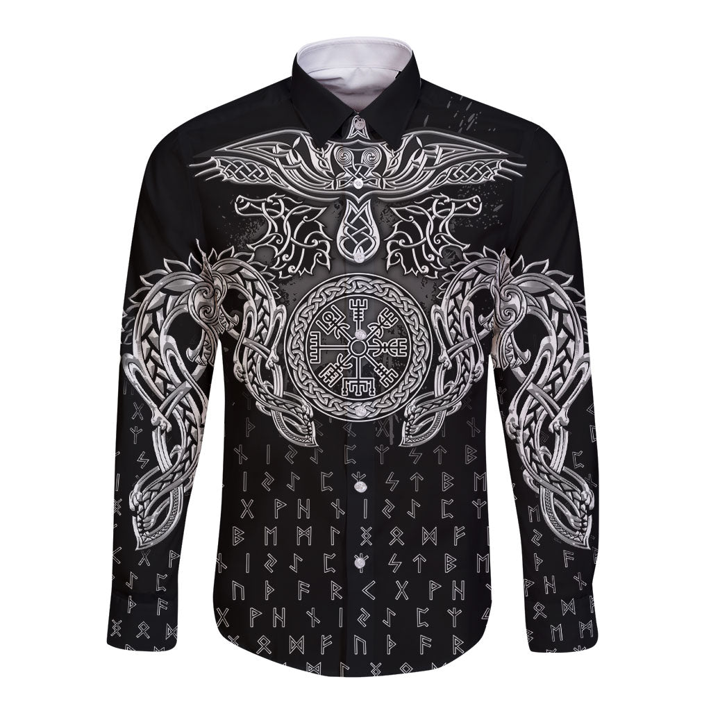 Viking Vegvisir Serpent Rune Cross Long Sleeve Button Shirt Nordic Knotwork Runic Engraving Style