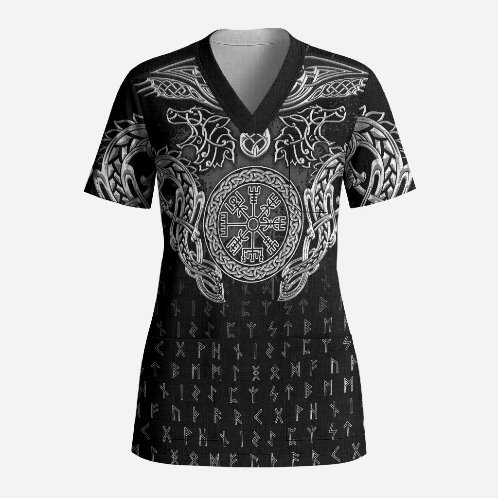 Viking Vegvisir Serpent Rune Cross Scrub Top Nordic Knotwork Runic Engraving Style