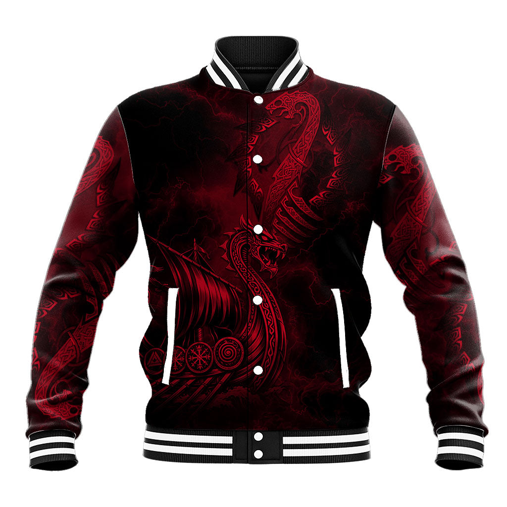 Viking Dragon Longship Helm of Awe Baseball Jacket Nordic Mythology Tribal Engraving Style