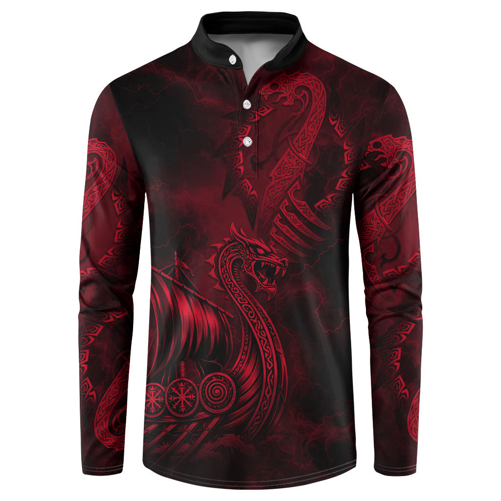 Viking Dragon Longship Helm of Awe Button Sweatshirt Nordic Mythology Tribal Engraving Style