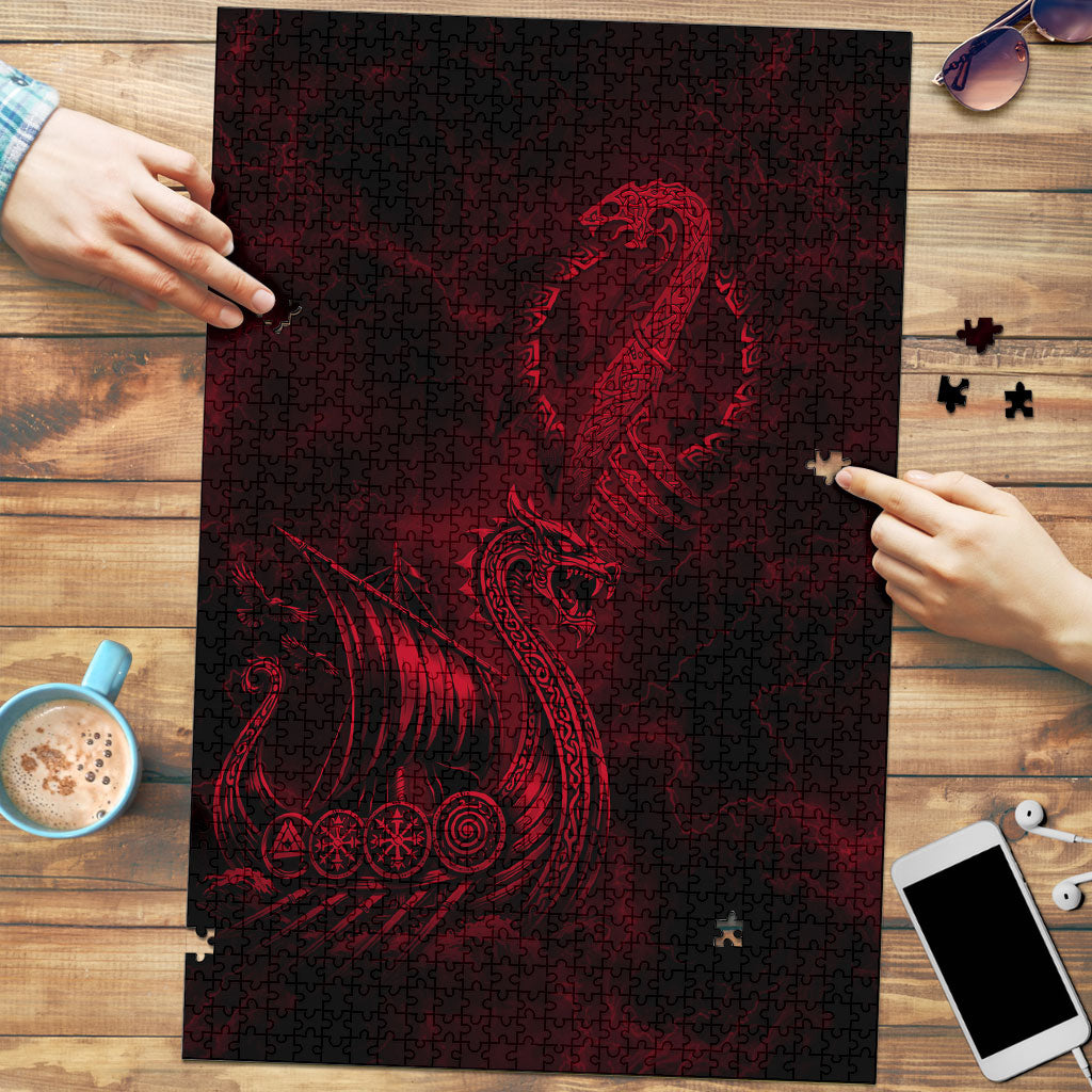Viking Dragon Longship Helm of Awe Puzzle Nordic Mythology Tribal Engraving Style