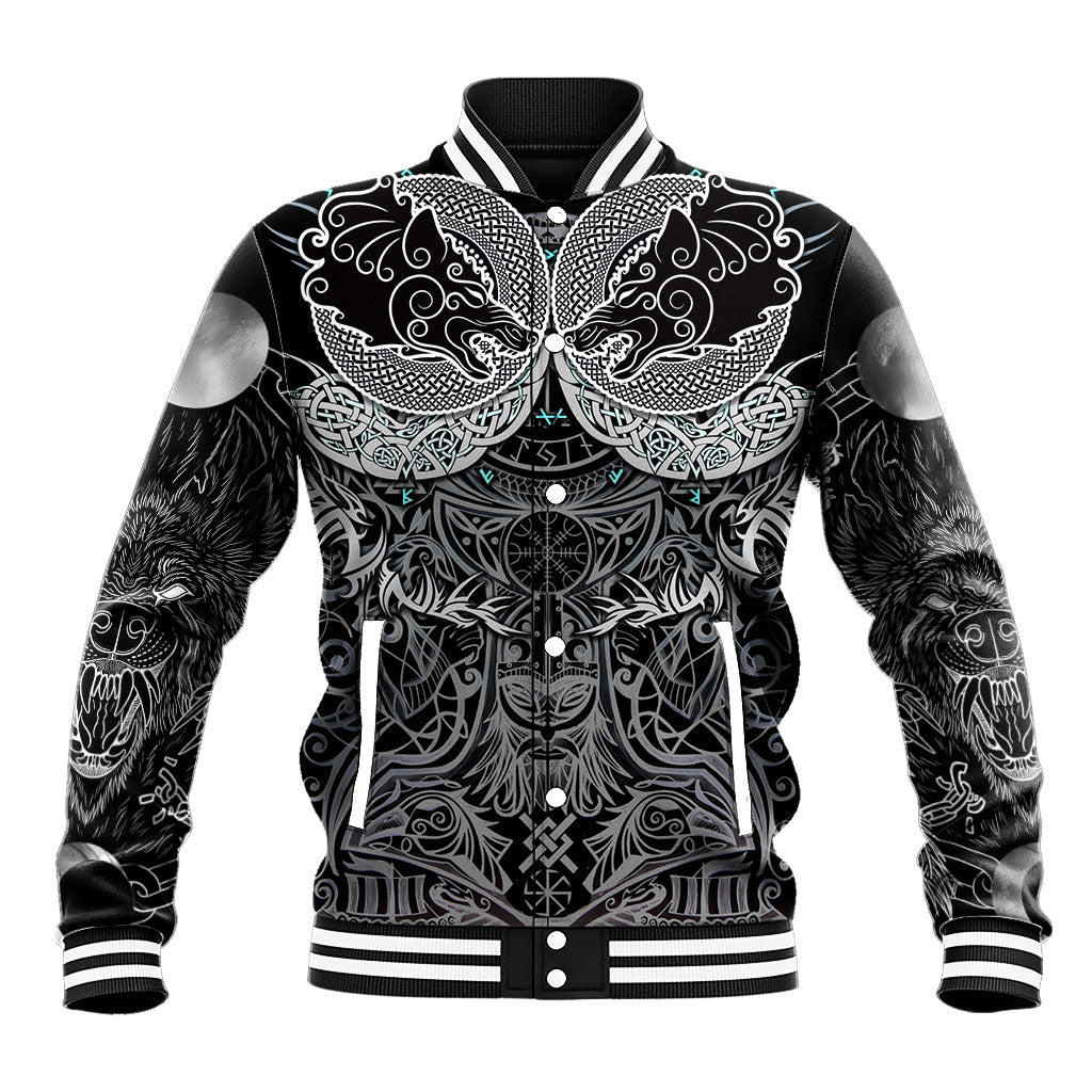 Viking Odin Ravens Wolves Vegvisir Baseball Jacket Nordic Knotwork Mythology Engraving Style
