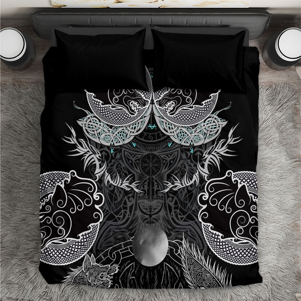 Viking Odin Ravens Wolves Vegvisir Bedding Set Nordic Knotwork Mythology Engraving Style