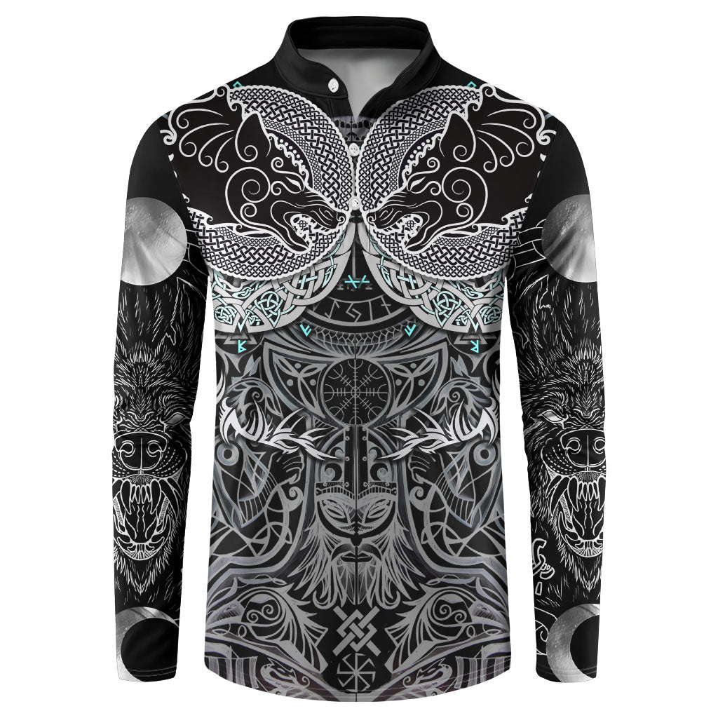 Viking Odin Ravens Wolves Vegvisir Button Sweatshirt Nordic Knotwork Mythology Engraving Style