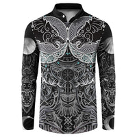 Viking Odin Ravens Wolves Vegvisir Button Sweatshirt Nordic Knotwork Mythology Engraving Style