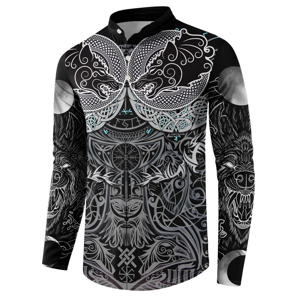 Viking Odin Ravens Wolves Vegvisir Button Sweatshirt Nordic Knotwork Mythology Engraving Style