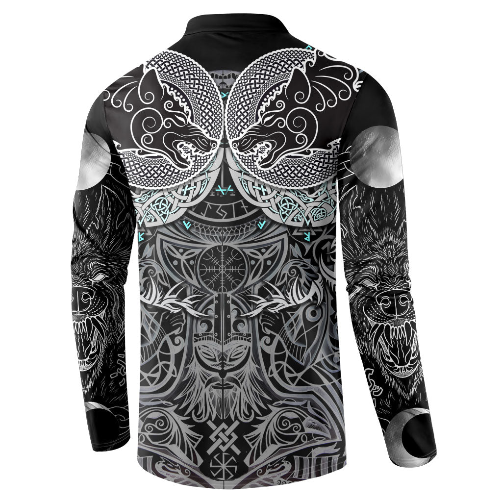 Viking Odin Ravens Wolves Vegvisir Button Sweatshirt Nordic Knotwork Mythology Engraving Style