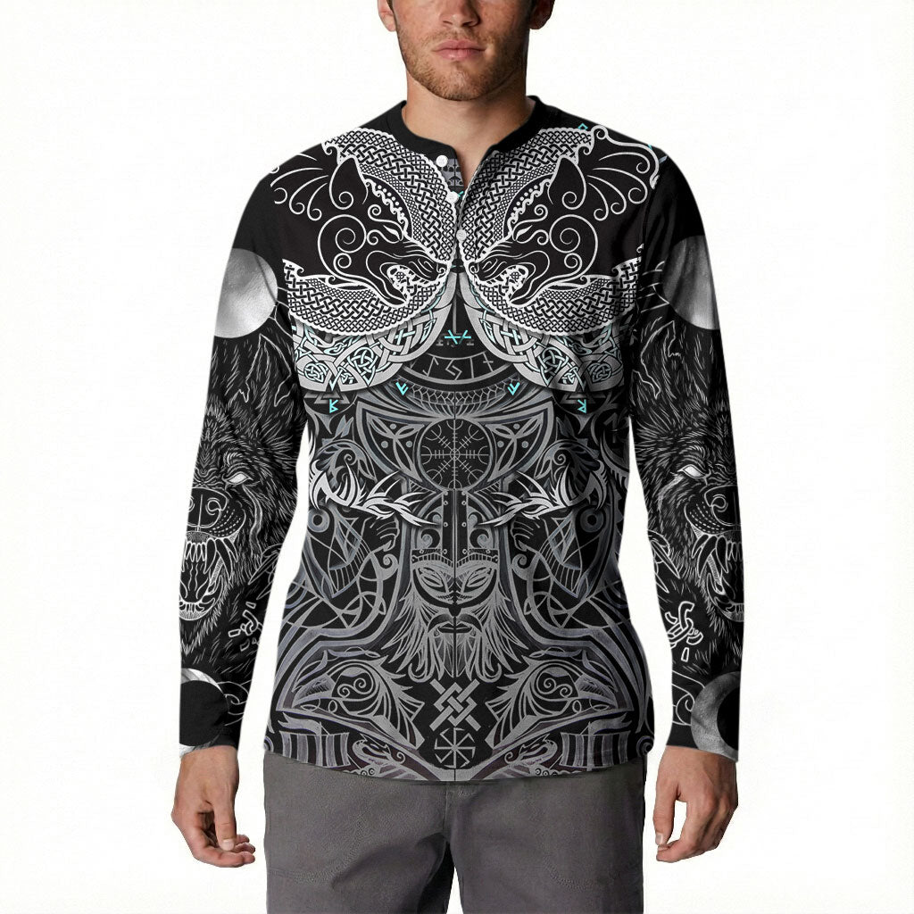 Viking Odin Ravens Wolves Vegvisir Button Sweatshirt Nordic Knotwork Mythology Engraving Style