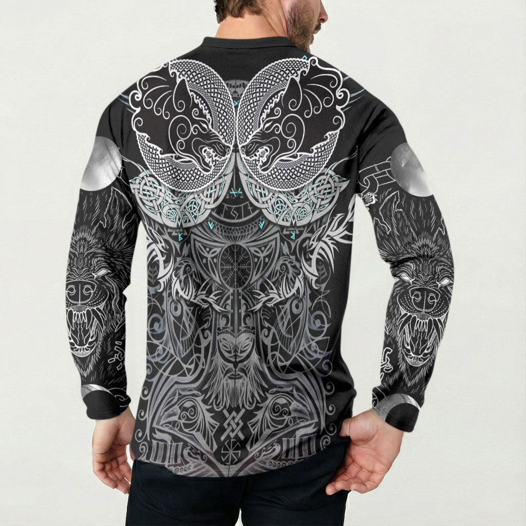 Viking Odin Ravens Wolves Vegvisir Button Sweatshirt Nordic Knotwork Mythology Engraving Style