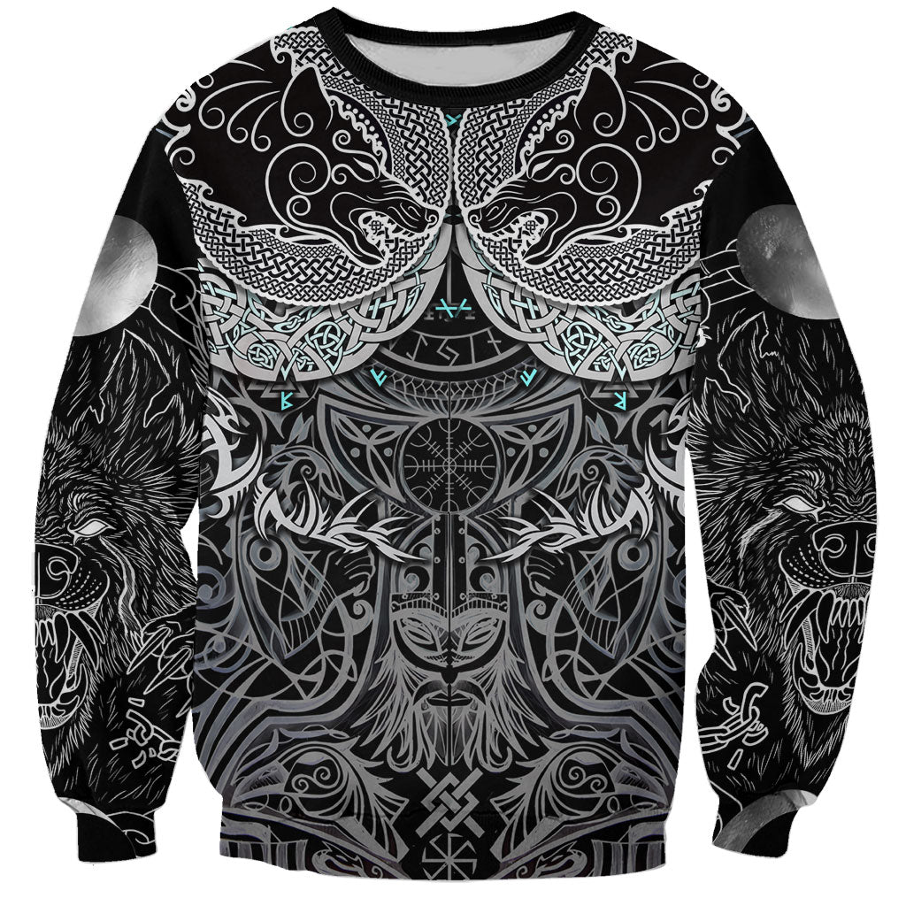 Viking Odin Ravens Wolves Vegvisir Sweatshirt Nordic Knotwork Mythology Engraving Style