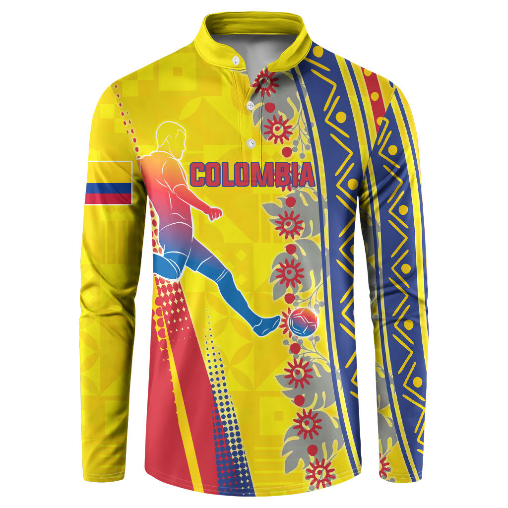 Personalized Colombia Soccer Button Sweatshirt Floral Folk Pattern - Retro Football Player Art
