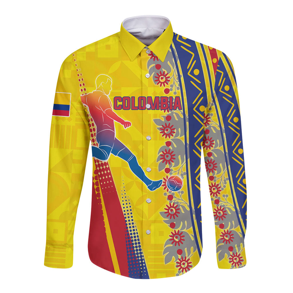 Personalized Colombia Soccer Long Sleeve Button Shirt Floral Folk Pattern - Retro Football Player Art