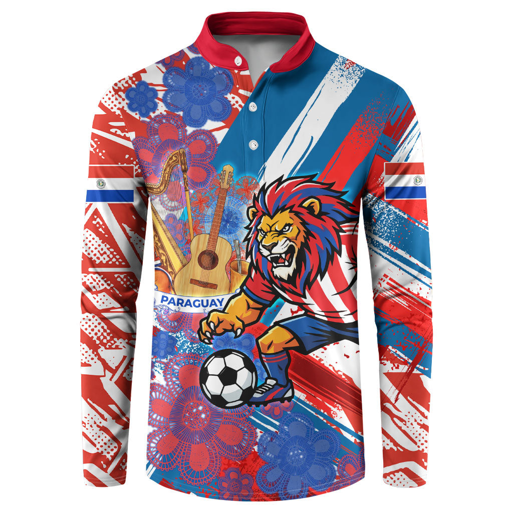 Personalized Paraguay Soccer Button Sweatshirt Lion Football Mascot - Guarani Folk Art - Traditional Harp And Guitar