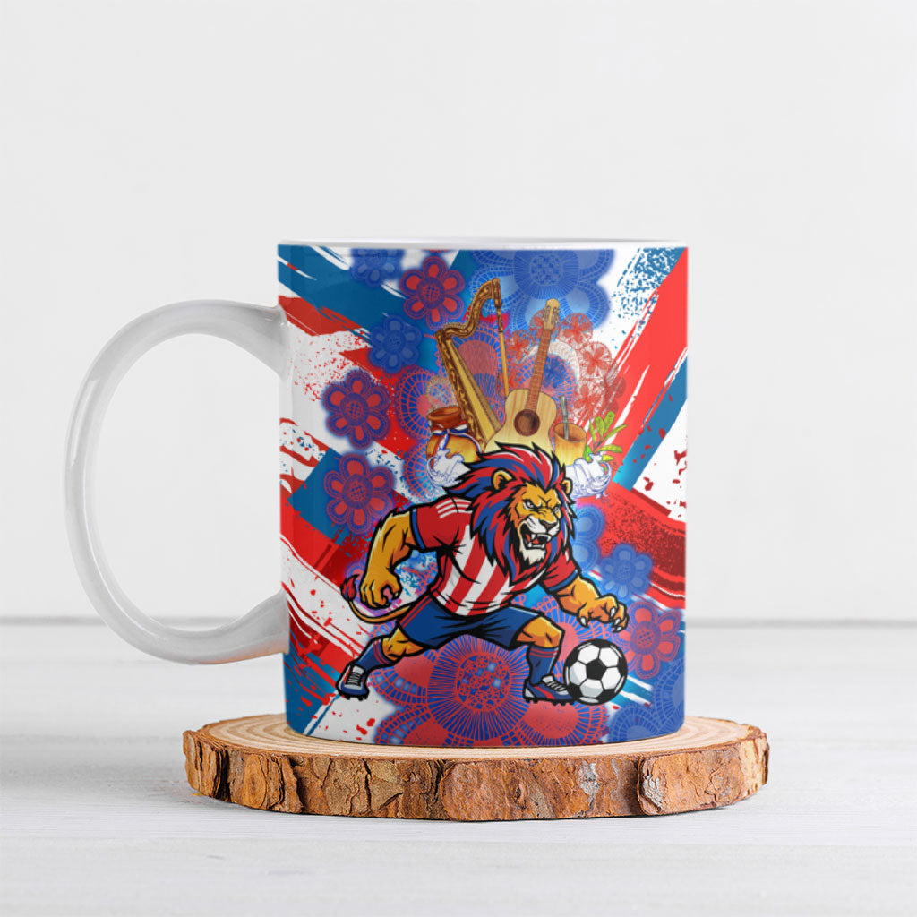 Personalized Paraguay Soccer Ceramic Mug Lion Football Mascot - Guarani Folk Art - Traditional Harp And Guitar
