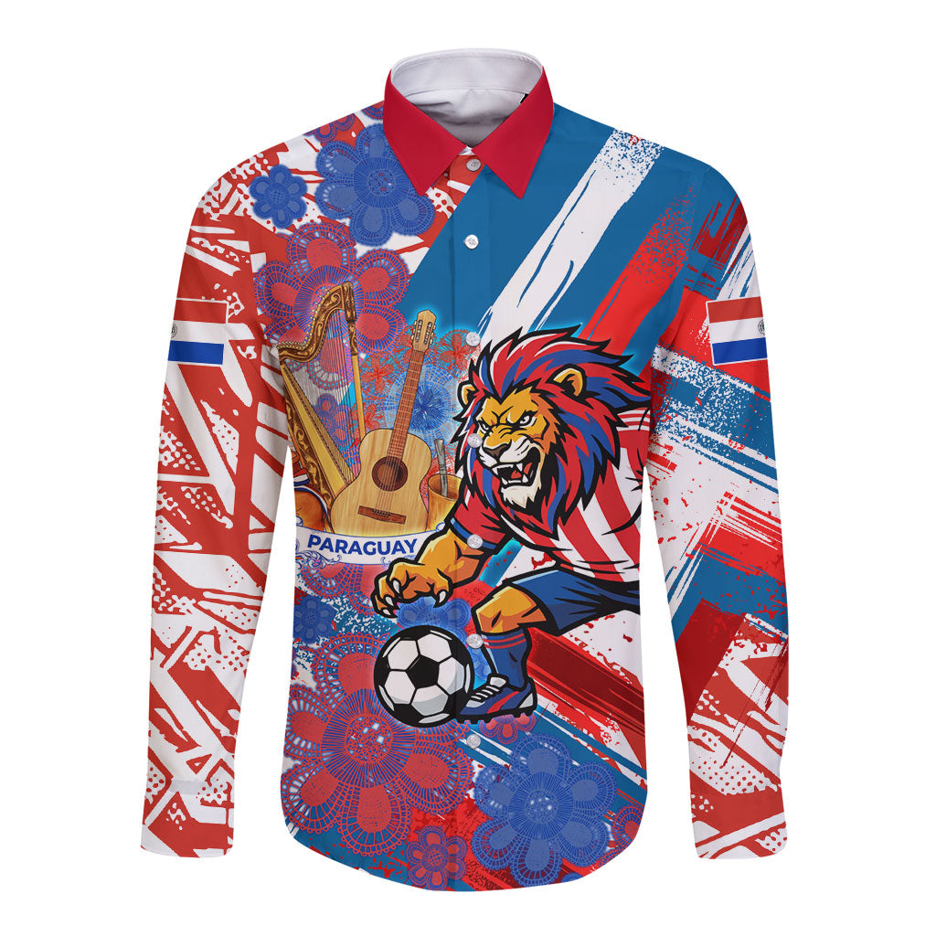 Personalized Paraguay Soccer Long Sleeve Button Shirt Lion Football Mascot - Guarani Folk Art - Traditional Harp And Guitar