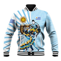 Personalized Uruguay Soccer Baseball Jacket Cultural Dance Drums Sun Emblem Dynamic Flag