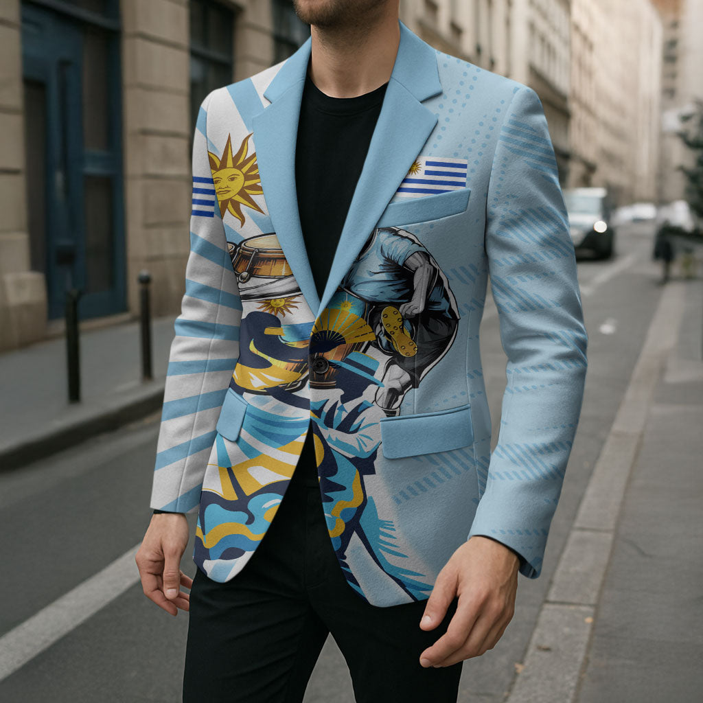 Personalized Uruguay Soccer Blazer Cultural Dance Drums Sun Emblem Dynamic Flag