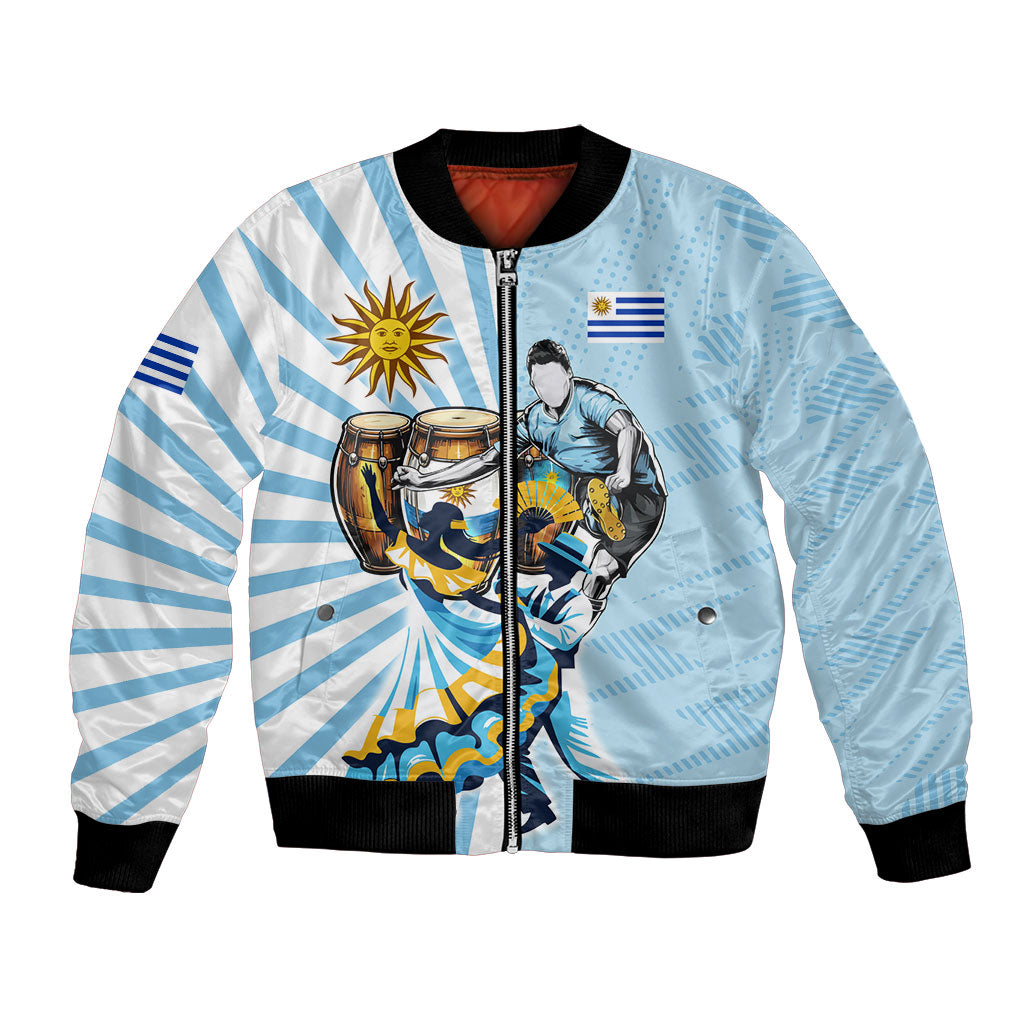Personalized Uruguay Soccer Bomber Jacket Cultural Dance Drums Sun Emblem Dynamic Flag