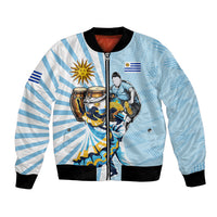 Personalized Uruguay Soccer Bomber Jacket Cultural Dance Drums Sun Emblem Dynamic Flag