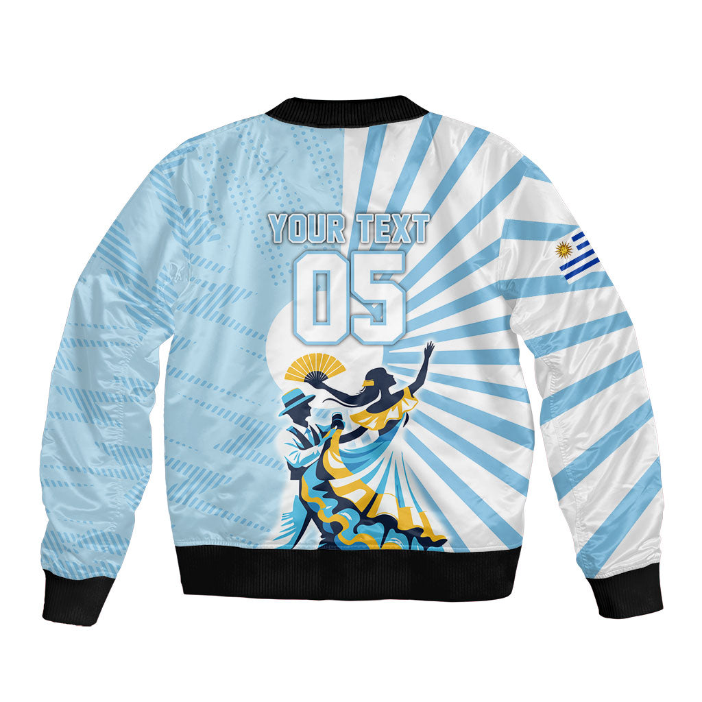Personalized Uruguay Soccer Bomber Jacket Cultural Dance Drums Sun Emblem Dynamic Flag
