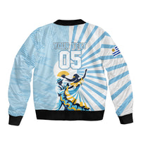 Personalized Uruguay Soccer Bomber Jacket Cultural Dance Drums Sun Emblem Dynamic Flag